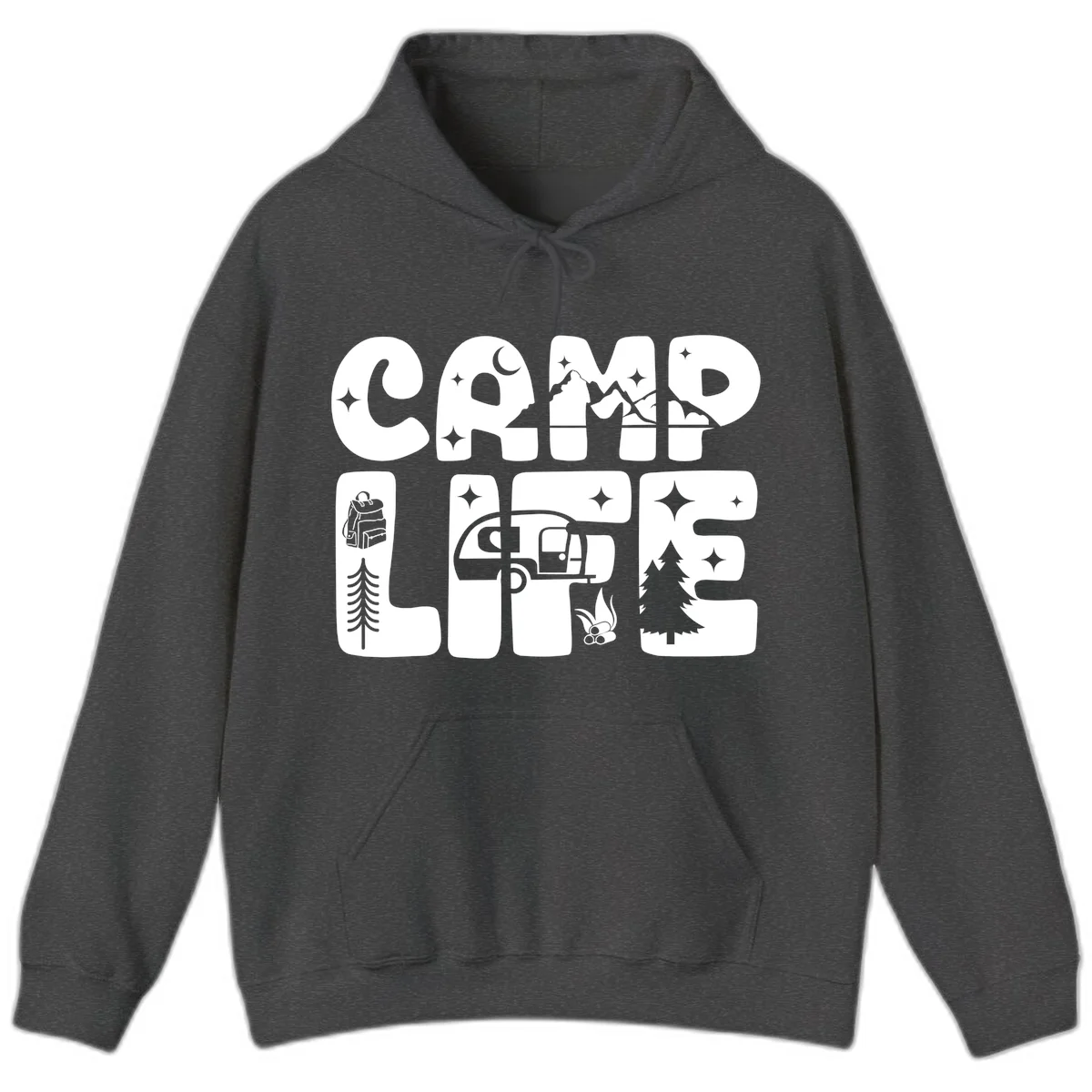 Camp life grid design featuring mountains, RV, campfire, trees, and hiking silhouette with moon and stars in monochrome illustration in Dark Heather