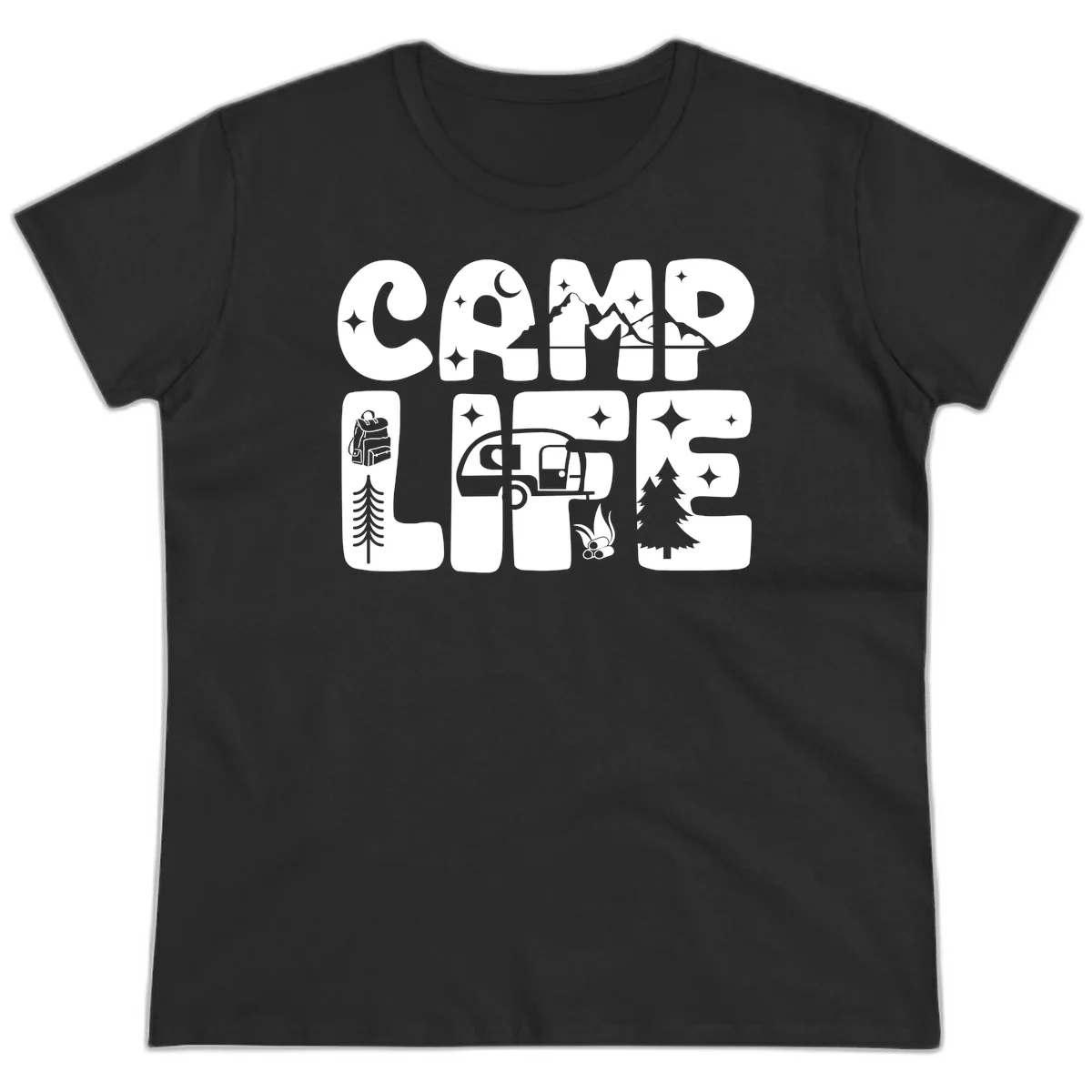 Camp life grid design featuring mountains, RV, campfire, trees, and hiking silhouette with moon and stars in monochrome illustration in Black