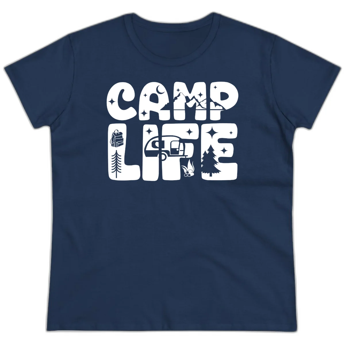 Camp life grid design featuring mountains, RV, campfire, trees, and hiking silhouette with moon and stars in monochrome illustration in Navy