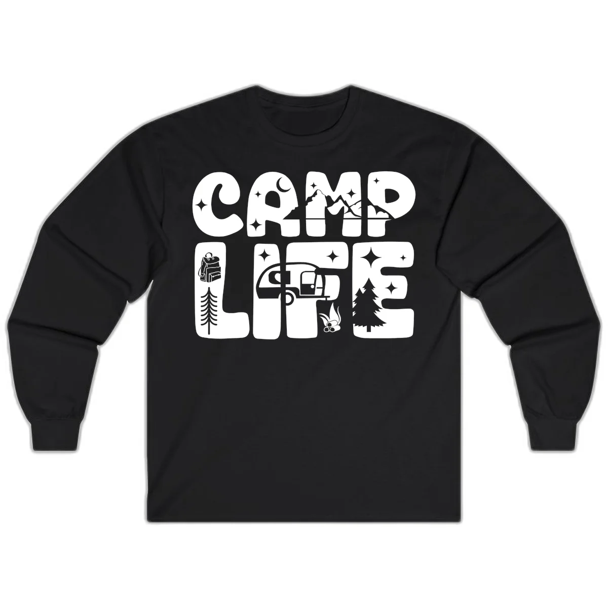 Camp life grid design featuring mountains, RV, campfire, trees, and hiking silhouette with moon and stars in monochrome illustration in Black