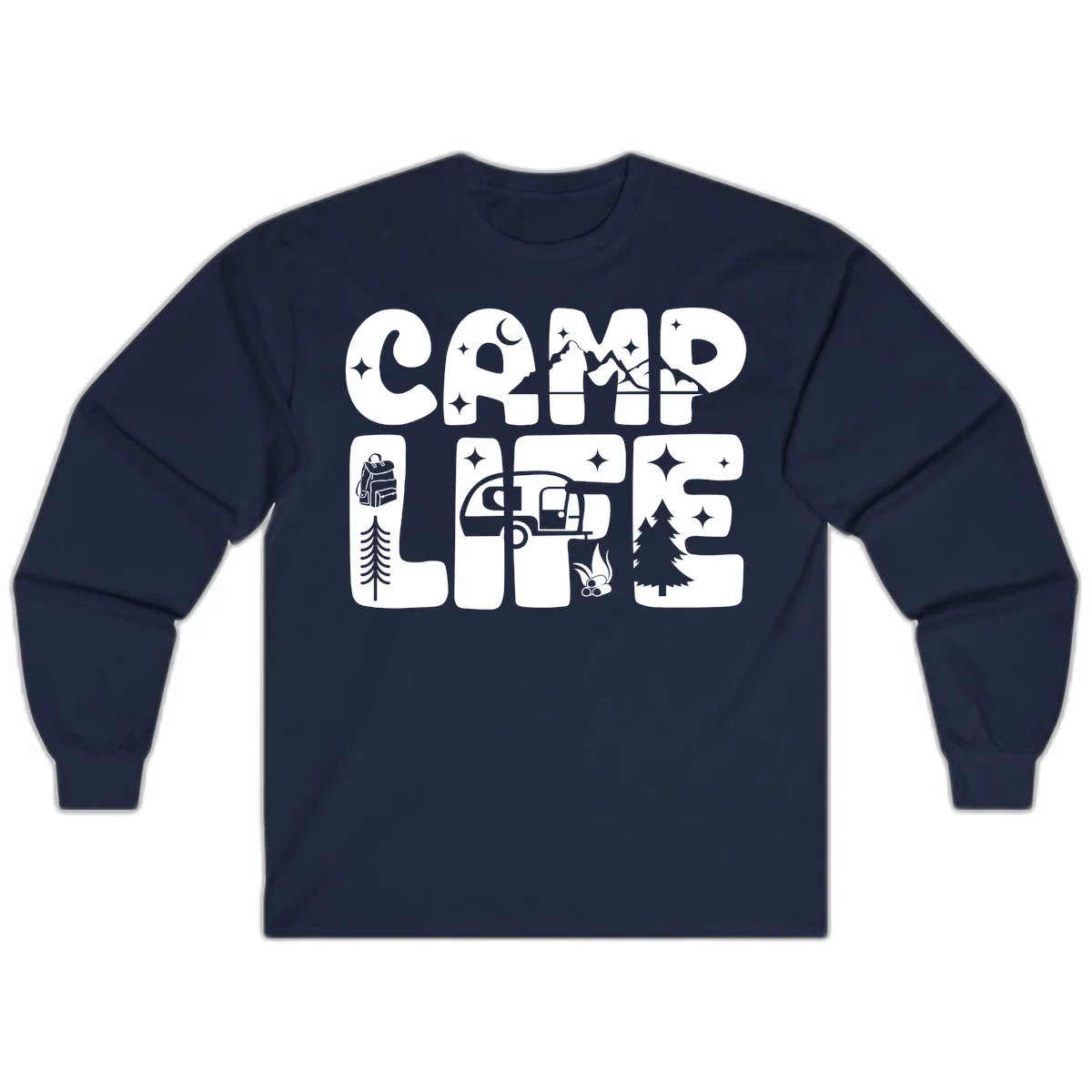 Camp life grid design featuring mountains, RV, campfire, trees, and hiking silhouette with moon and stars in monochrome illustration in Navy