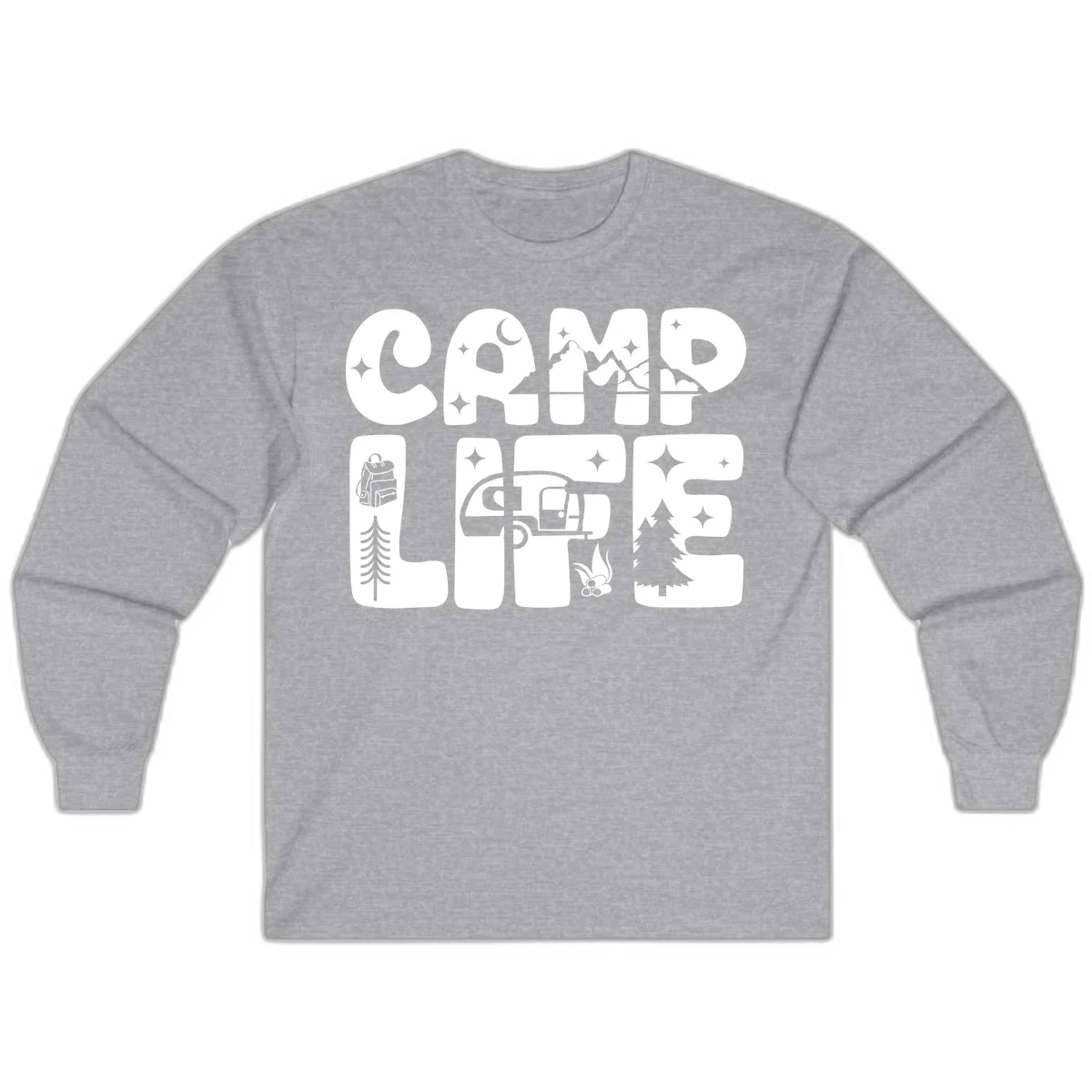 Camp life grid design featuring mountains, RV, campfire, trees, and hiking silhouette with moon and stars in monochrome illustration in Sport Grey