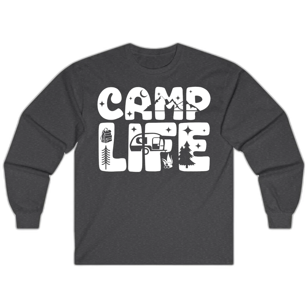Camp life grid design featuring mountains, RV, campfire, trees, and hiking silhouette with moon and stars in monochrome illustration in Dark Heather