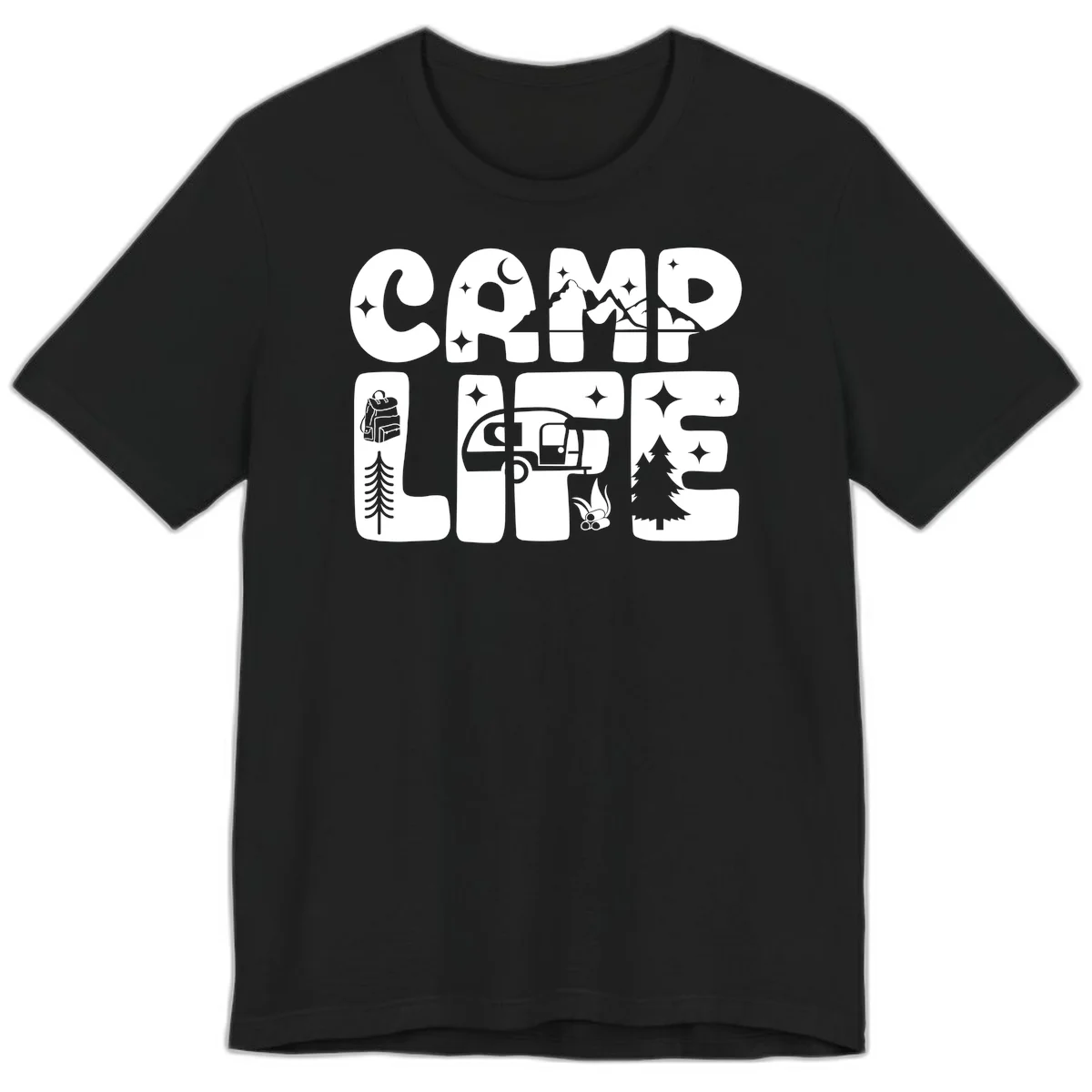 Camp life grid design featuring mountains, RV, campfire, trees, and hiking silhouette with moon and stars in monochrome illustration in Black