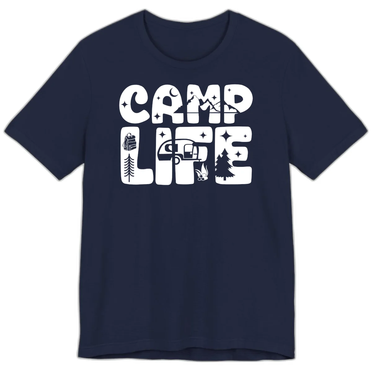 Camp life grid design featuring mountains, RV, campfire, trees, and hiking silhouette with moon and stars in monochrome illustration in Navy