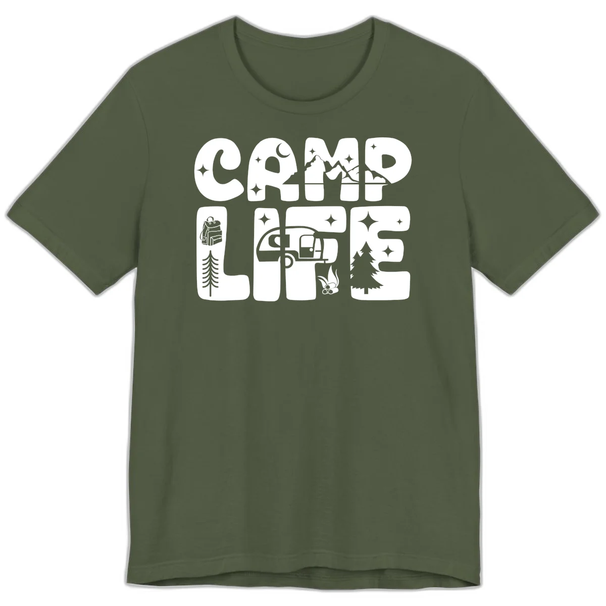 Camp life grid design featuring mountains, RV, campfire, trees, and hiking silhouette with moon and stars in monochrome illustration in Military Green