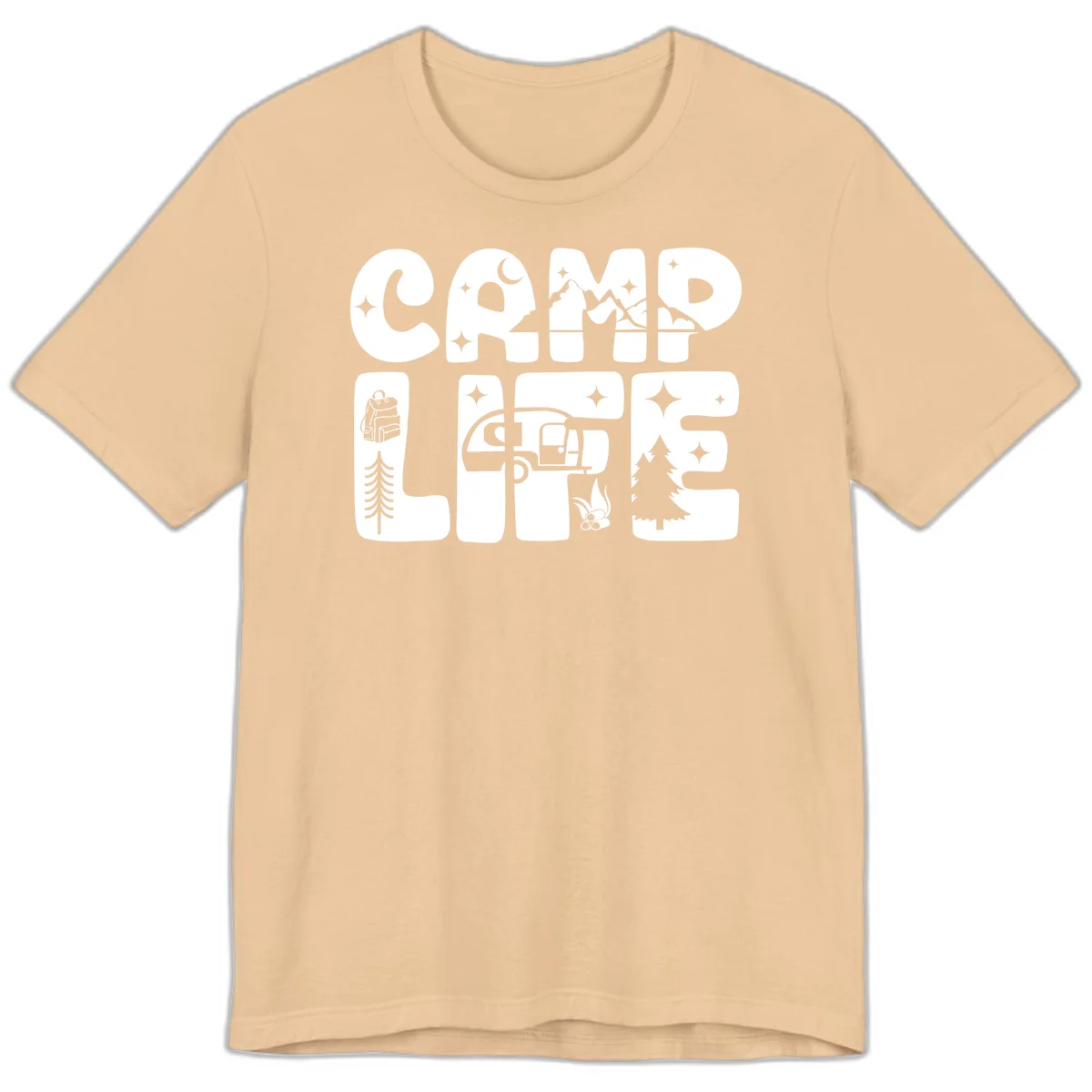 Camp life grid design featuring mountains, RV, campfire, trees, and hiking silhouette with moon and stars in monochrome illustration in Sand Dune