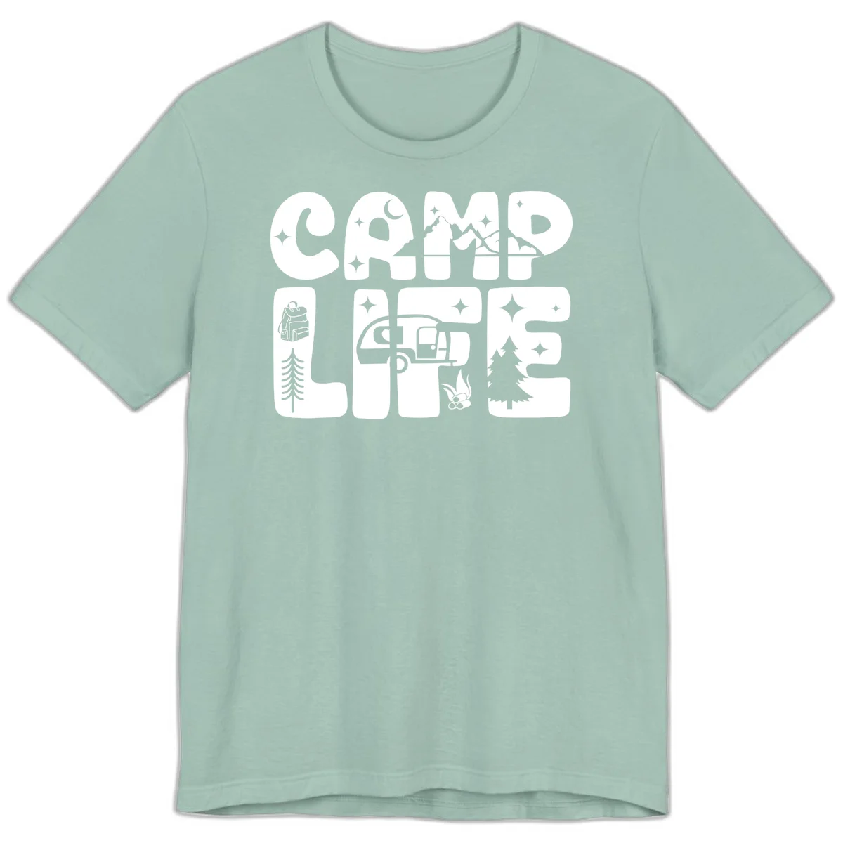 Camp life grid design featuring mountains, RV, campfire, trees, and hiking silhouette with moon and stars in monochrome illustration in Dusty Blue