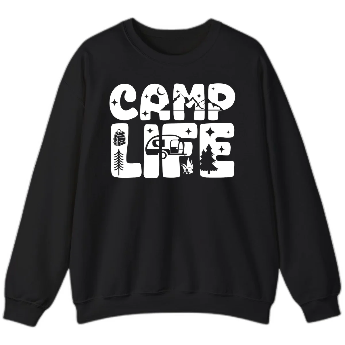 Camp life grid design featuring mountains, RV, campfire, trees, and hiking silhouette with moon and stars in monochrome illustration in Black