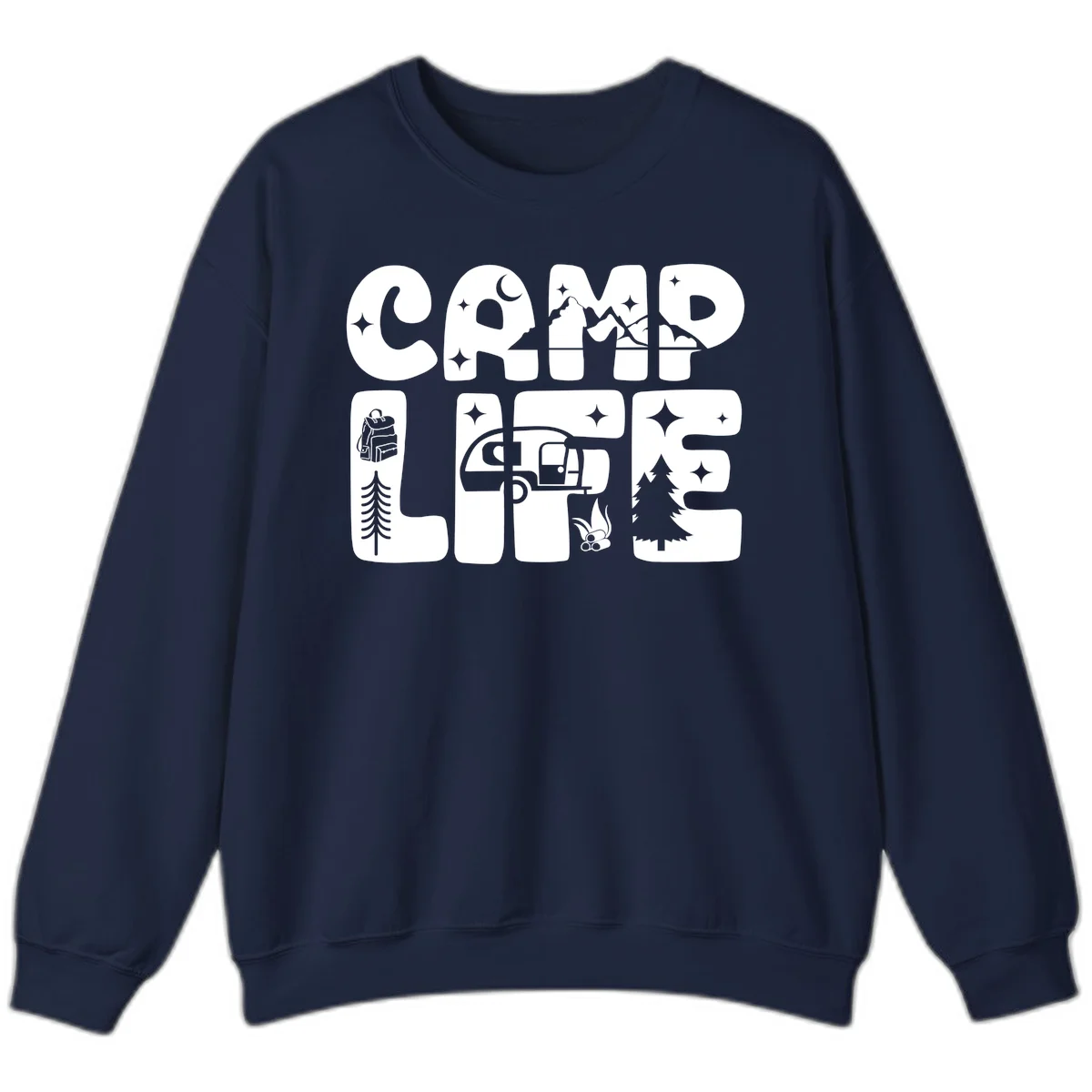 Camp life grid design featuring mountains, RV, campfire, trees, and hiking silhouette with moon and stars in monochrome illustration in Navy