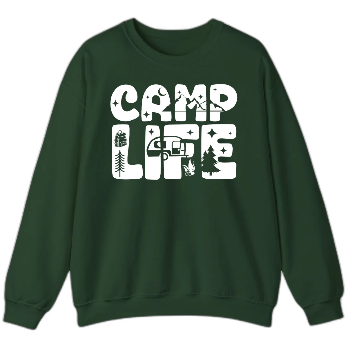Camp life grid design featuring mountains, RV, campfire, trees, and hiking silhouette with moon and stars in monochrome illustration in Forest Green