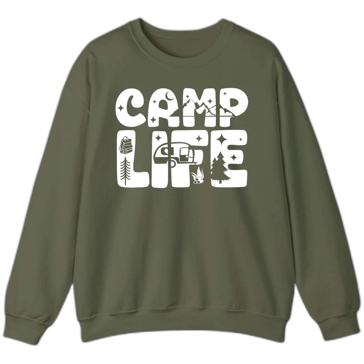 Camp life grid design featuring mountains, RV, campfire, trees, and hiking silhouette with moon and stars in monochrome illustration in Military Green
