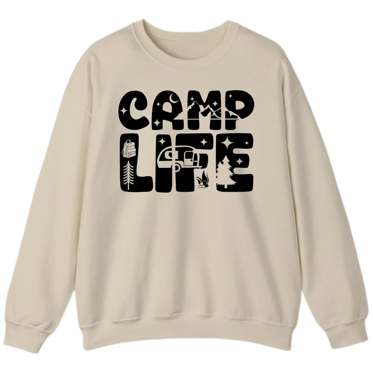 Camp life grid design featuring mountains, RV, campfire, trees, and hiking silhouette with moon and stars in monochrome illustration in Sand