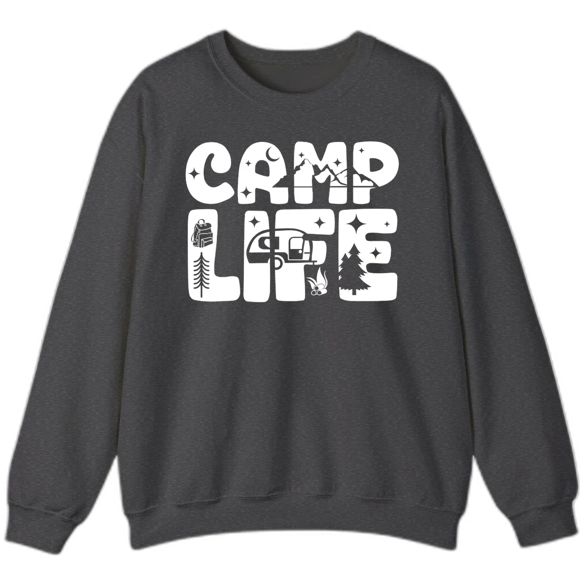 Camp life grid design featuring mountains, RV, campfire, trees, and hiking silhouette with moon and stars in monochrome illustration in Dark Heather