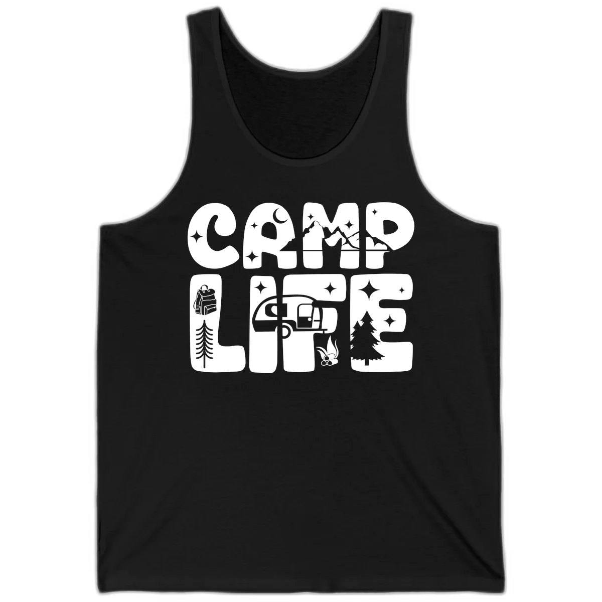 Camp life grid design featuring mountains, RV, campfire, trees, and hiking silhouette with moon and stars in monochrome illustration in Black