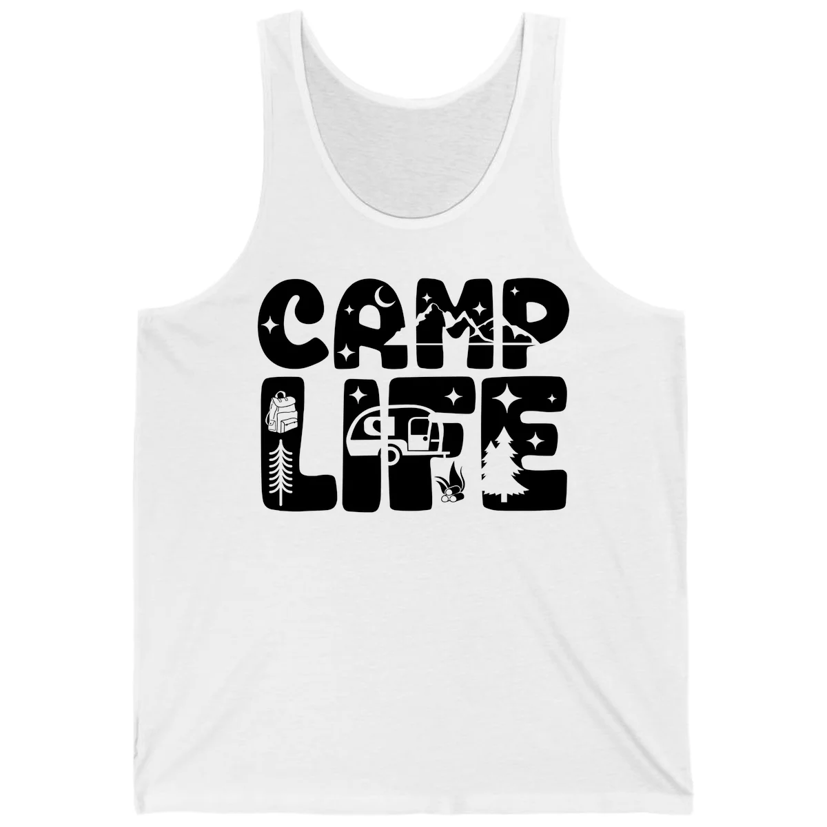 Camp life grid design featuring mountains, RV, campfire, trees, and hiking silhouette with moon and stars in monochrome illustration in White