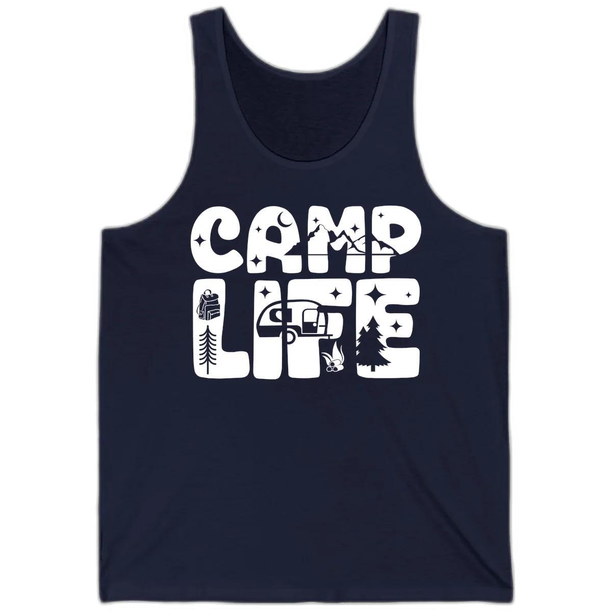 Camp life grid design featuring mountains, RV, campfire, trees, and hiking silhouette with moon and stars in monochrome illustration in Navy