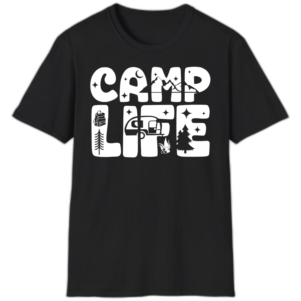Camp life grid design featuring mountains, RV, campfire, trees, and hiking silhouette with moon and stars in monochrome illustration in Black
