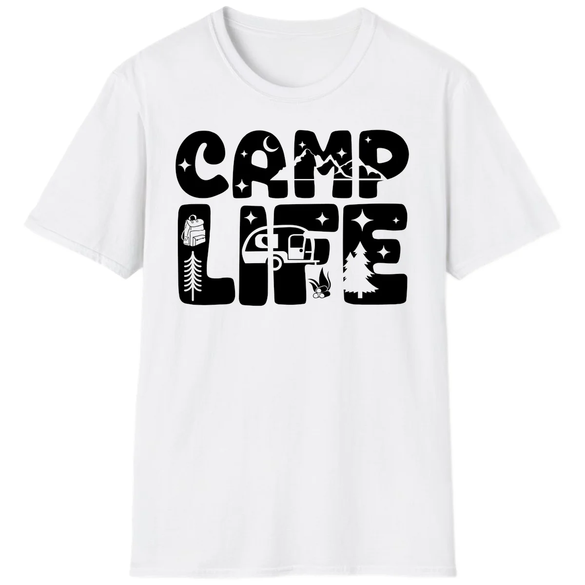 Camp life grid design featuring mountains, RV, campfire, trees, and hiking silhouette with moon and stars in monochrome illustration in White