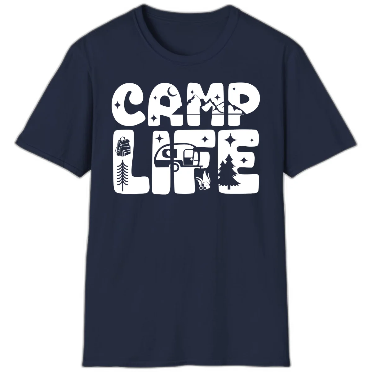 Camp life grid design featuring mountains, RV, campfire, trees, and hiking silhouette with moon and stars in monochrome illustration in Navy