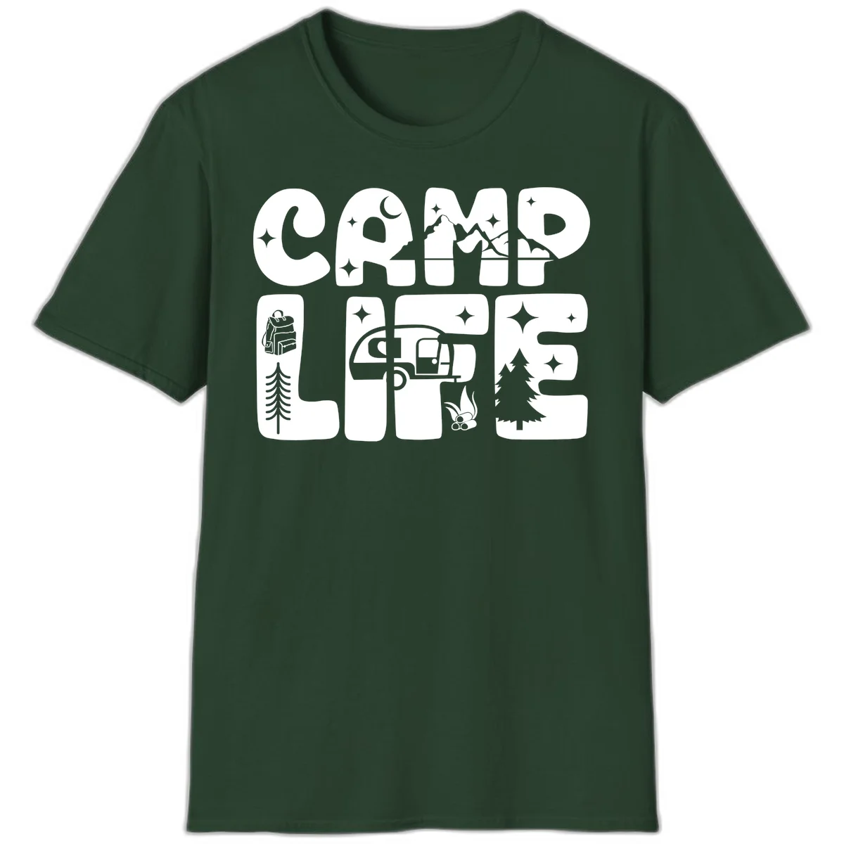 Camp life grid design featuring mountains, RV, campfire, trees, and hiking silhouette with moon and stars in monochrome illustration in Forest Green