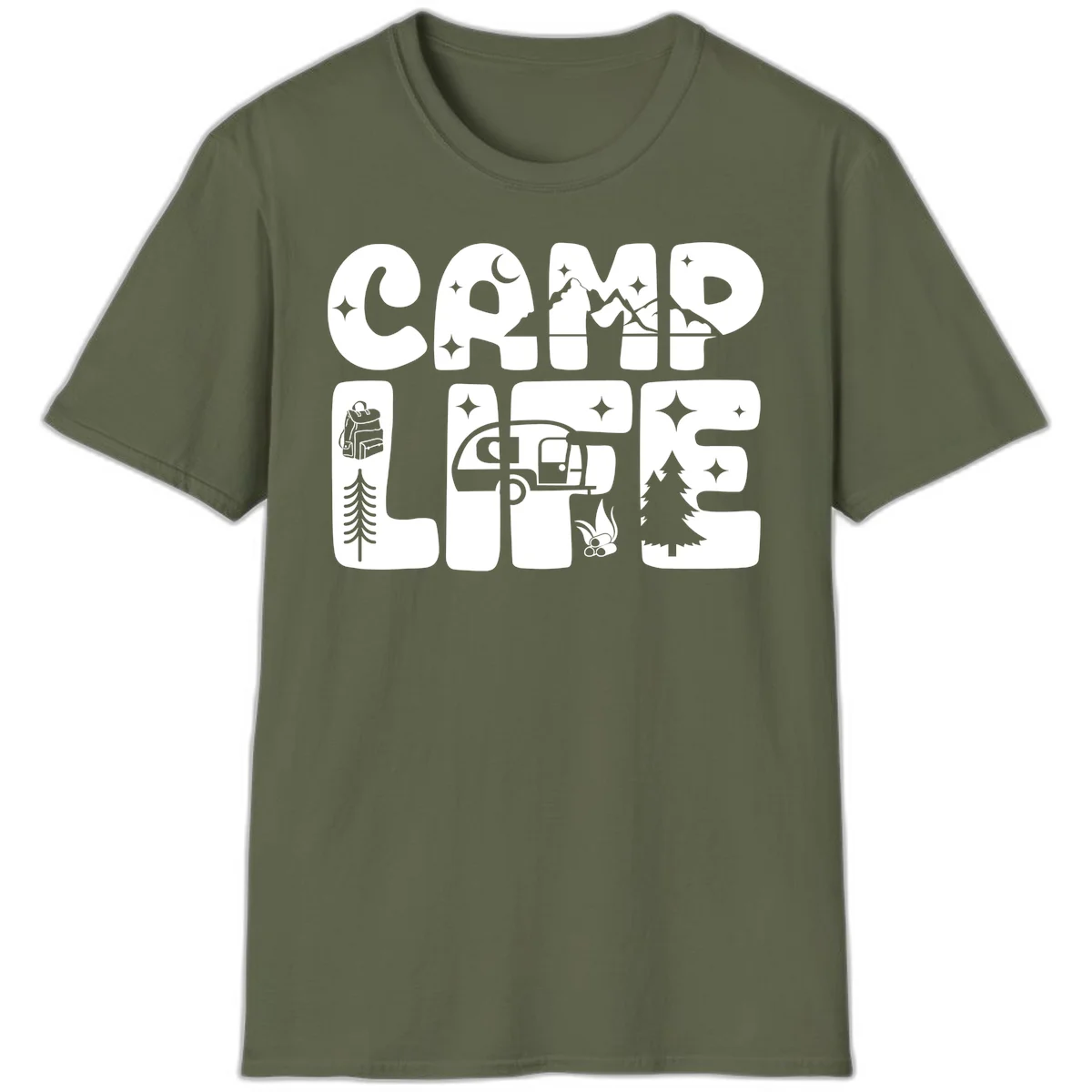 Camp life grid design featuring mountains, RV, campfire, trees, and hiking silhouette with moon and stars in monochrome illustration in Military Green