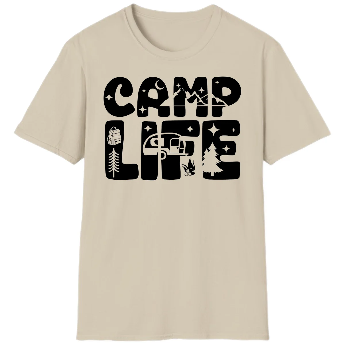 Camp life grid design featuring mountains, RV, campfire, trees, and hiking silhouette with moon and stars in monochrome illustration in Sand