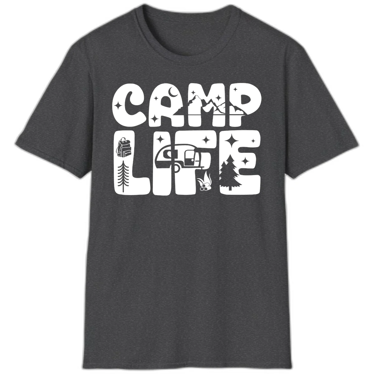 Camp life grid design featuring mountains, RV, campfire, trees, and hiking silhouette with moon and stars in monochrome illustration in Dark Heather