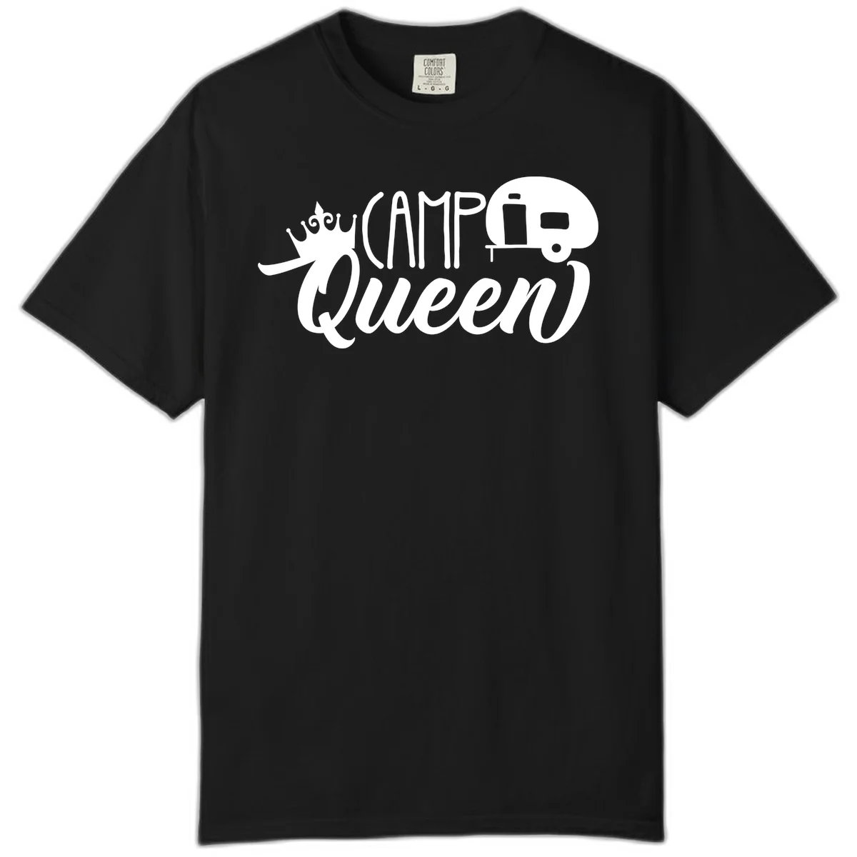 Camp queen glamping design with crown, vintage RV trailer, and script lettering on gray background in Black