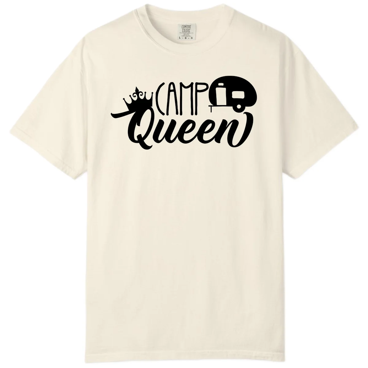 Camp queen glamping design with crown, vintage RV trailer, and script lettering on gray background in Ivory