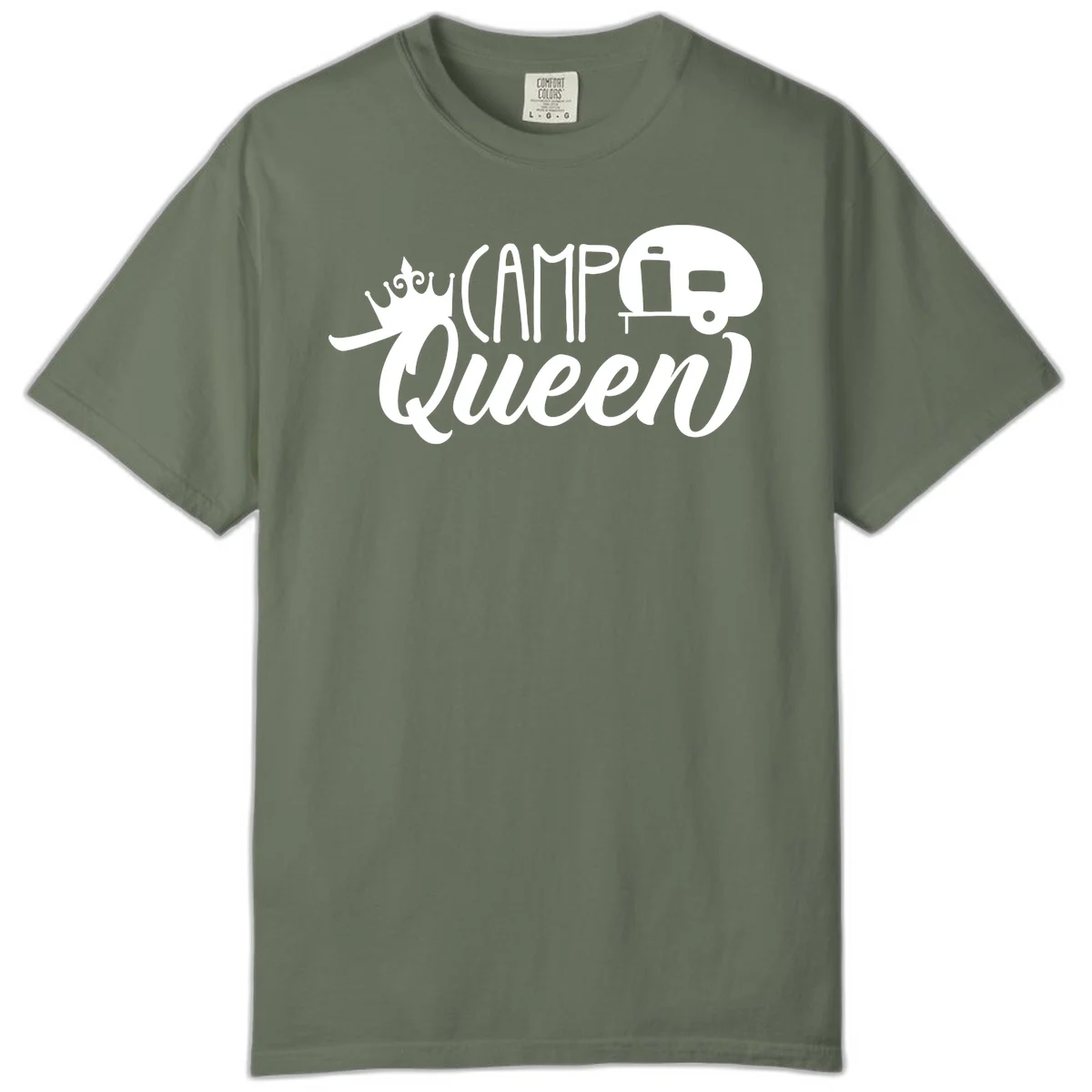 Camp queen glamping design with crown, vintage RV trailer, and script lettering on gray background in Moss
