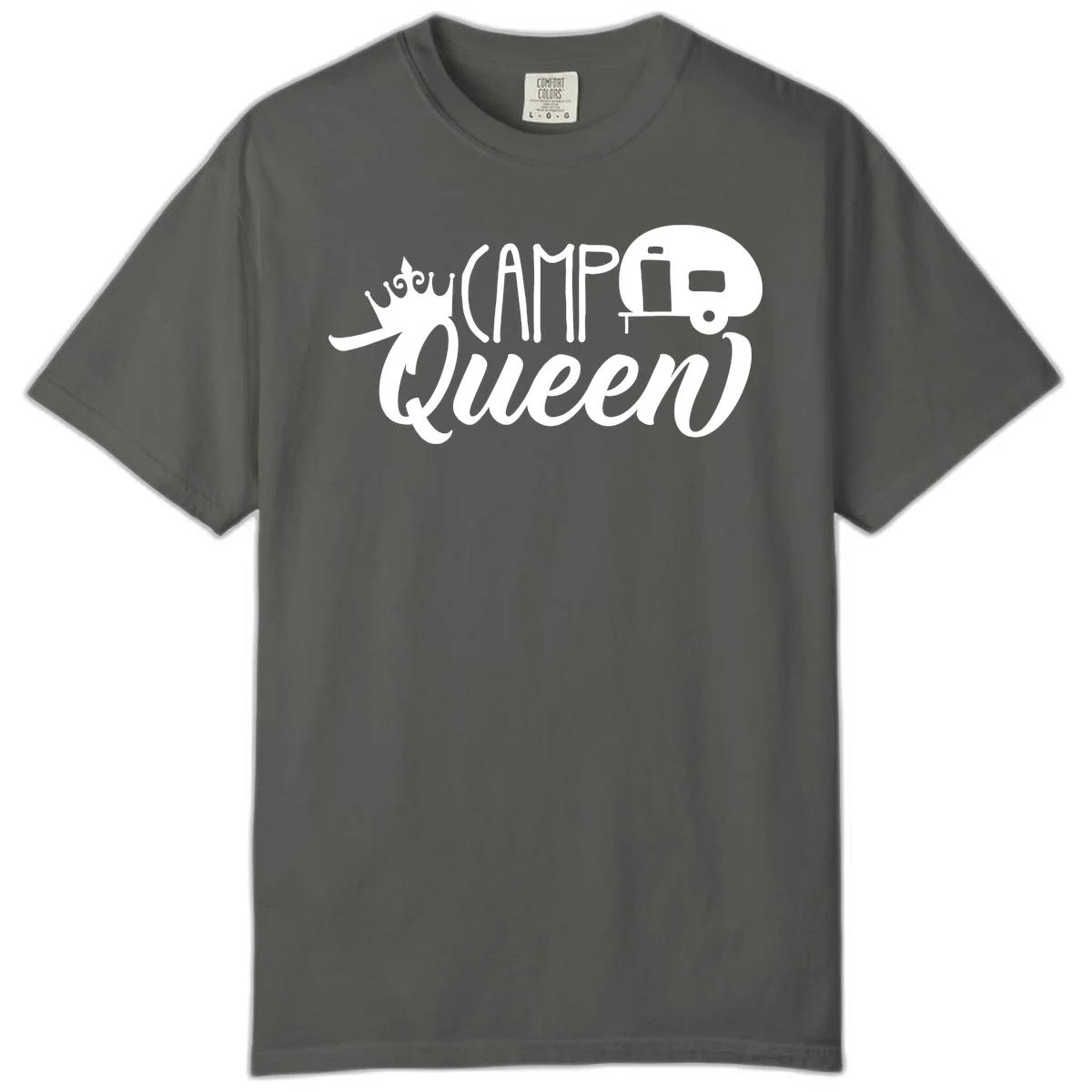 Camp queen glamping design with crown, vintage RV trailer, and script lettering on gray background in Pepper