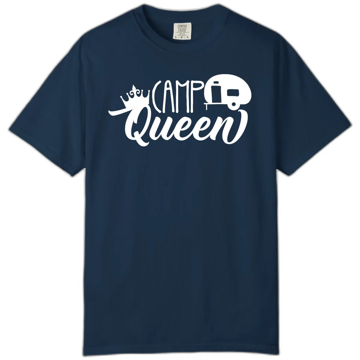 Camp queen glamping design with crown, vintage RV trailer, and script lettering on gray background in True Navy