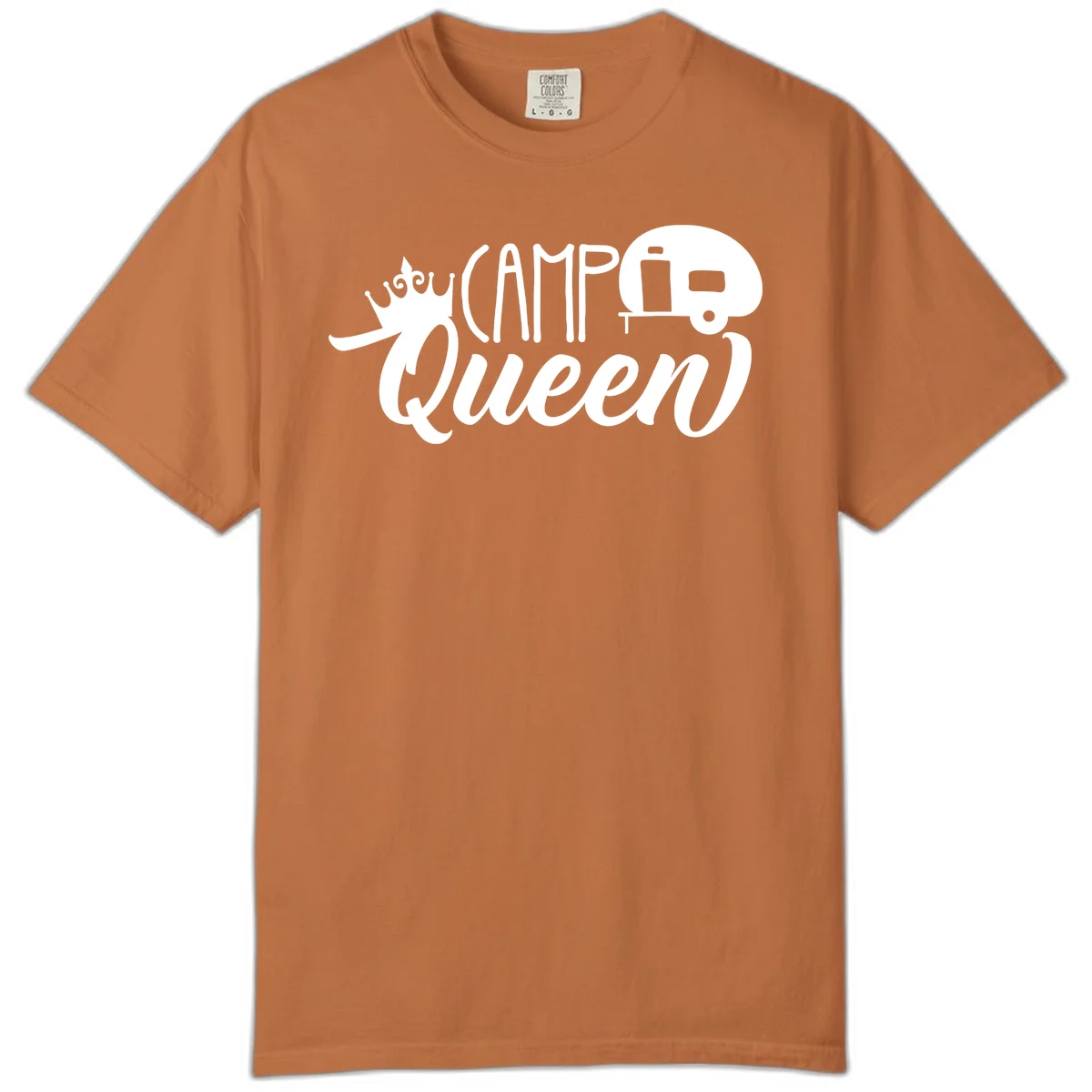 Camp queen glamping design with crown, vintage RV trailer, and script lettering on gray background in Yam
