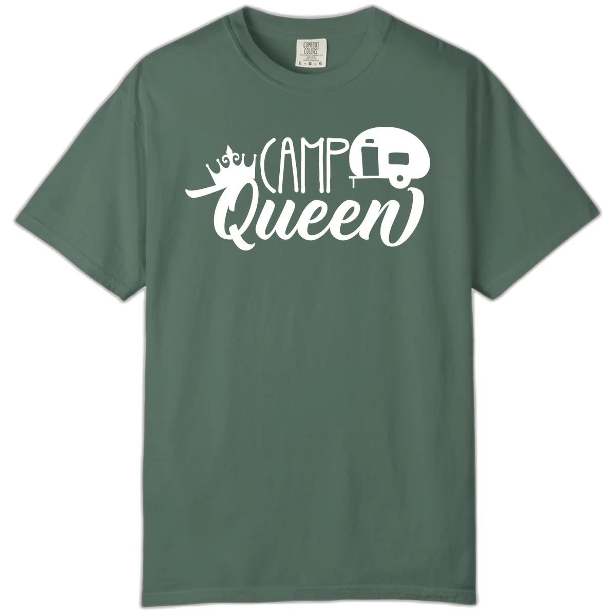 Camp queen glamping design with crown, vintage RV trailer, and script lettering on gray background in Blue Spruce
