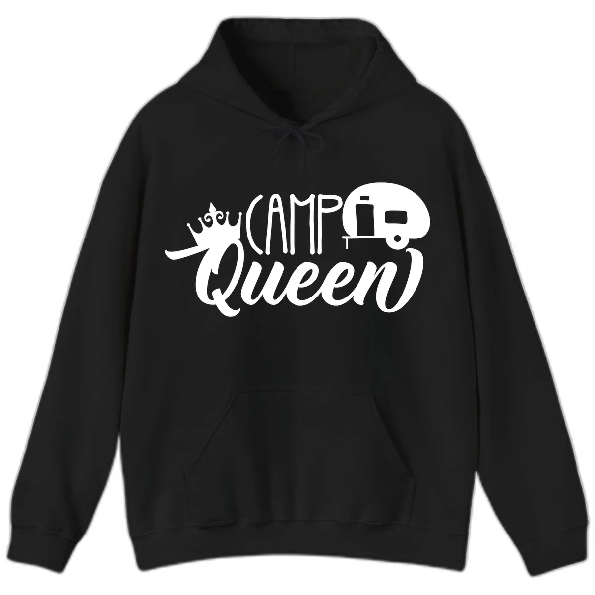 Camp queen glamping design with crown, vintage RV trailer, and script lettering on gray background in Black