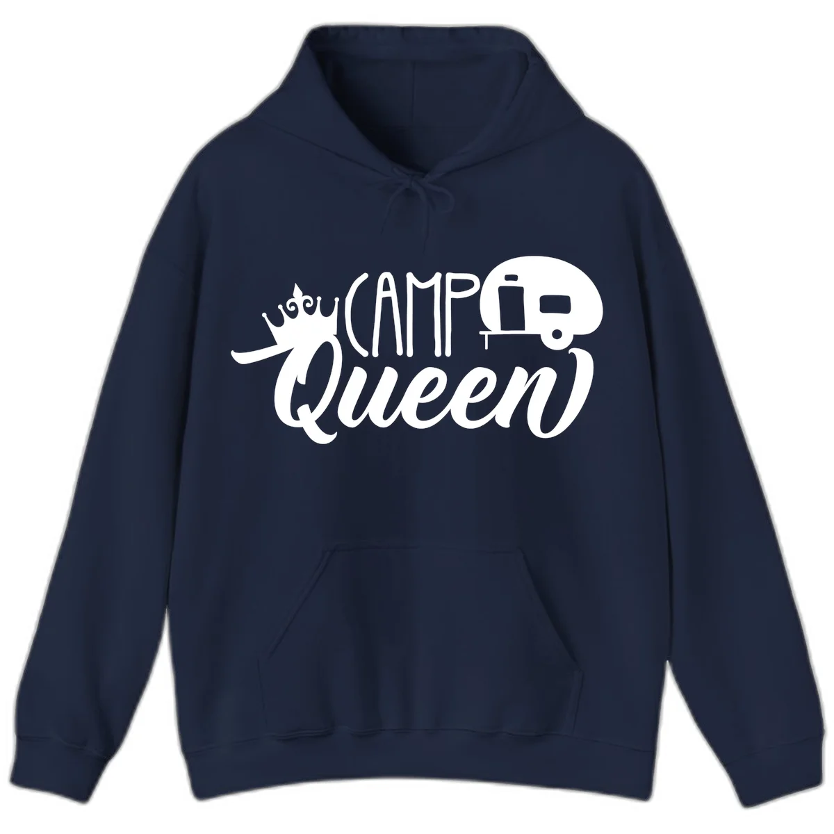 Camp queen glamping design with crown, vintage RV trailer, and script lettering on gray background in Navy