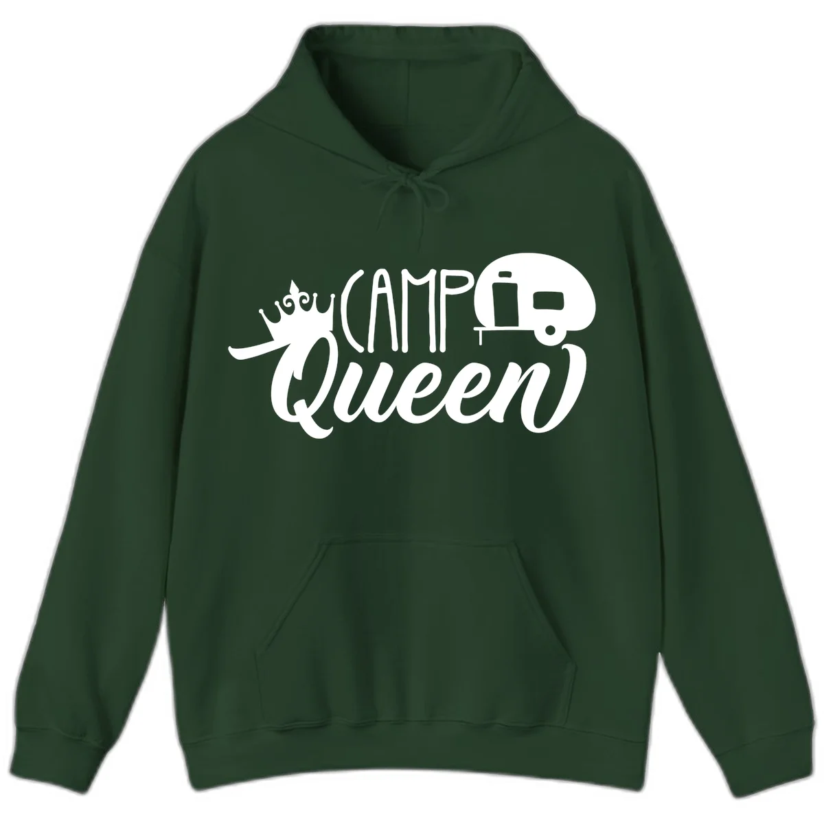 Camp queen glamping design with crown, vintage RV trailer, and script lettering on gray background in Forest Green