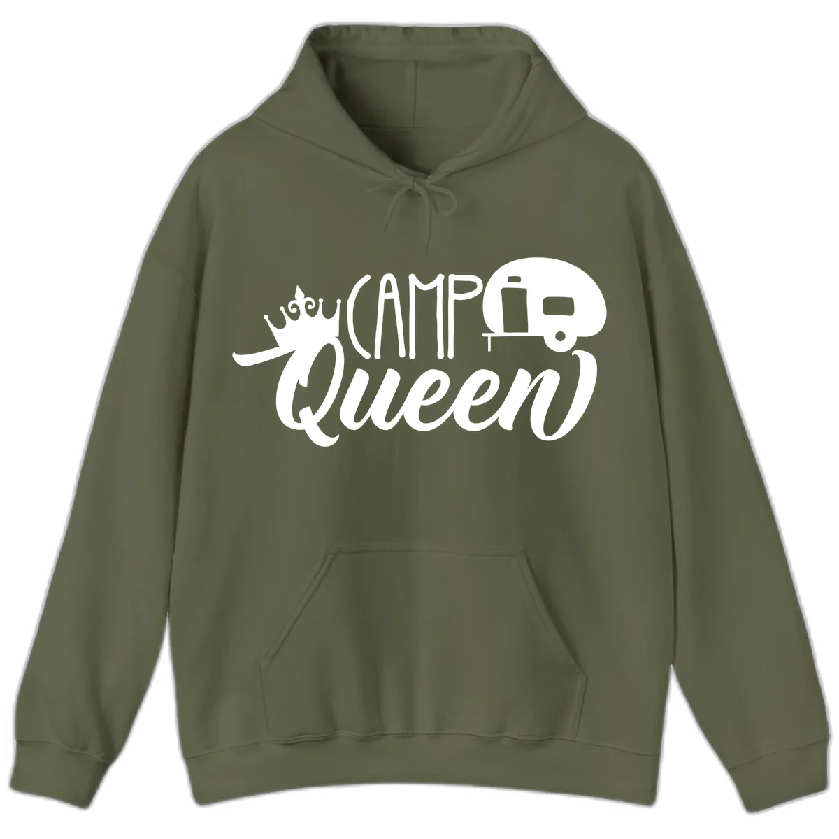 Camp queen glamping design with crown, vintage RV trailer, and script lettering on gray background in Military Green