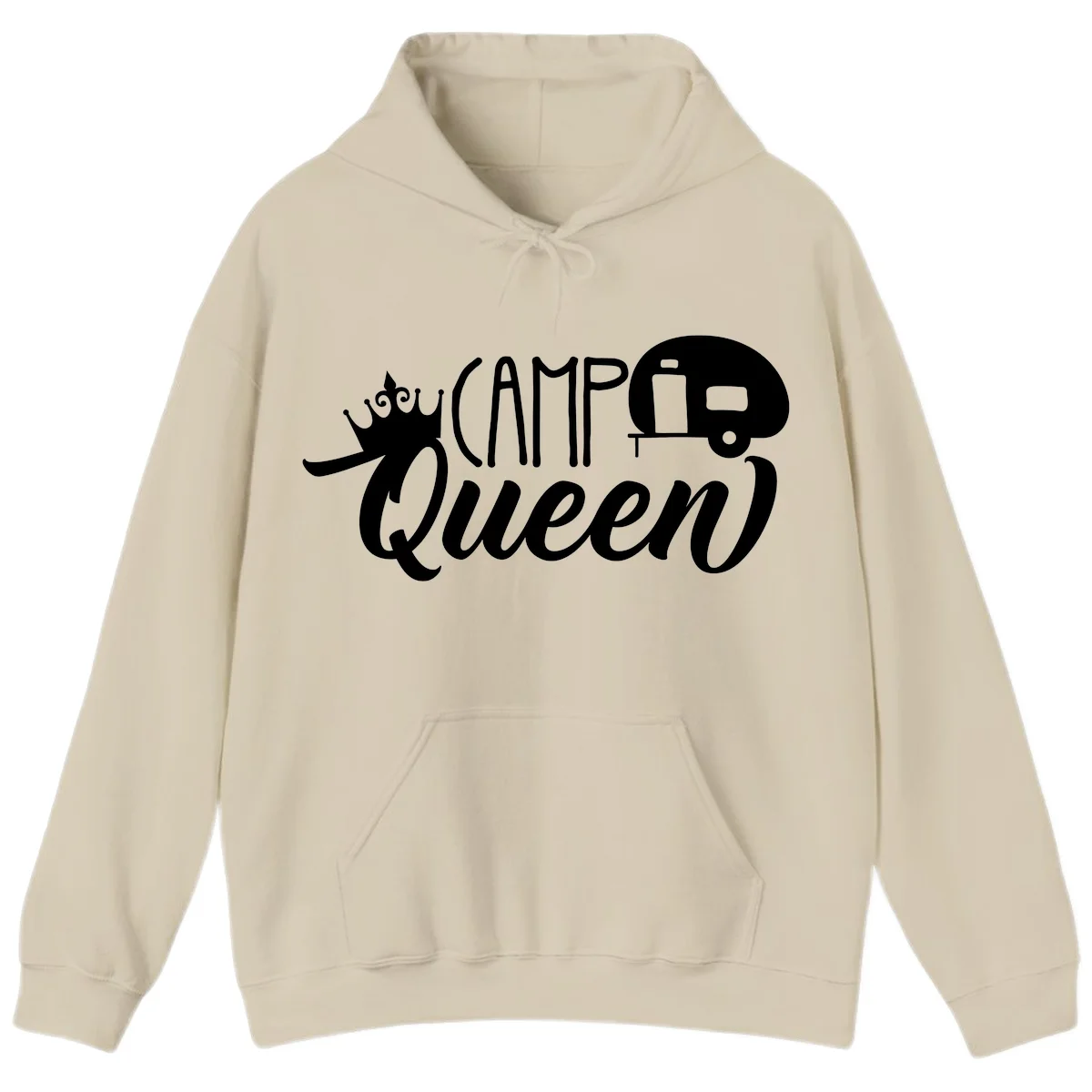 Camp queen glamping design with crown, vintage RV trailer, and script lettering on gray background in Sand