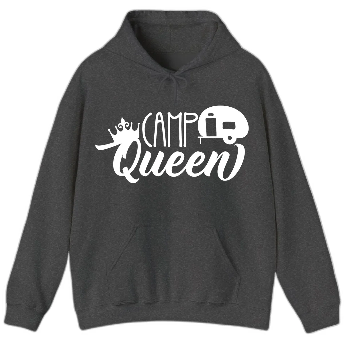 Camp queen glamping design with crown, vintage RV trailer, and script lettering on gray background in Dark Heather