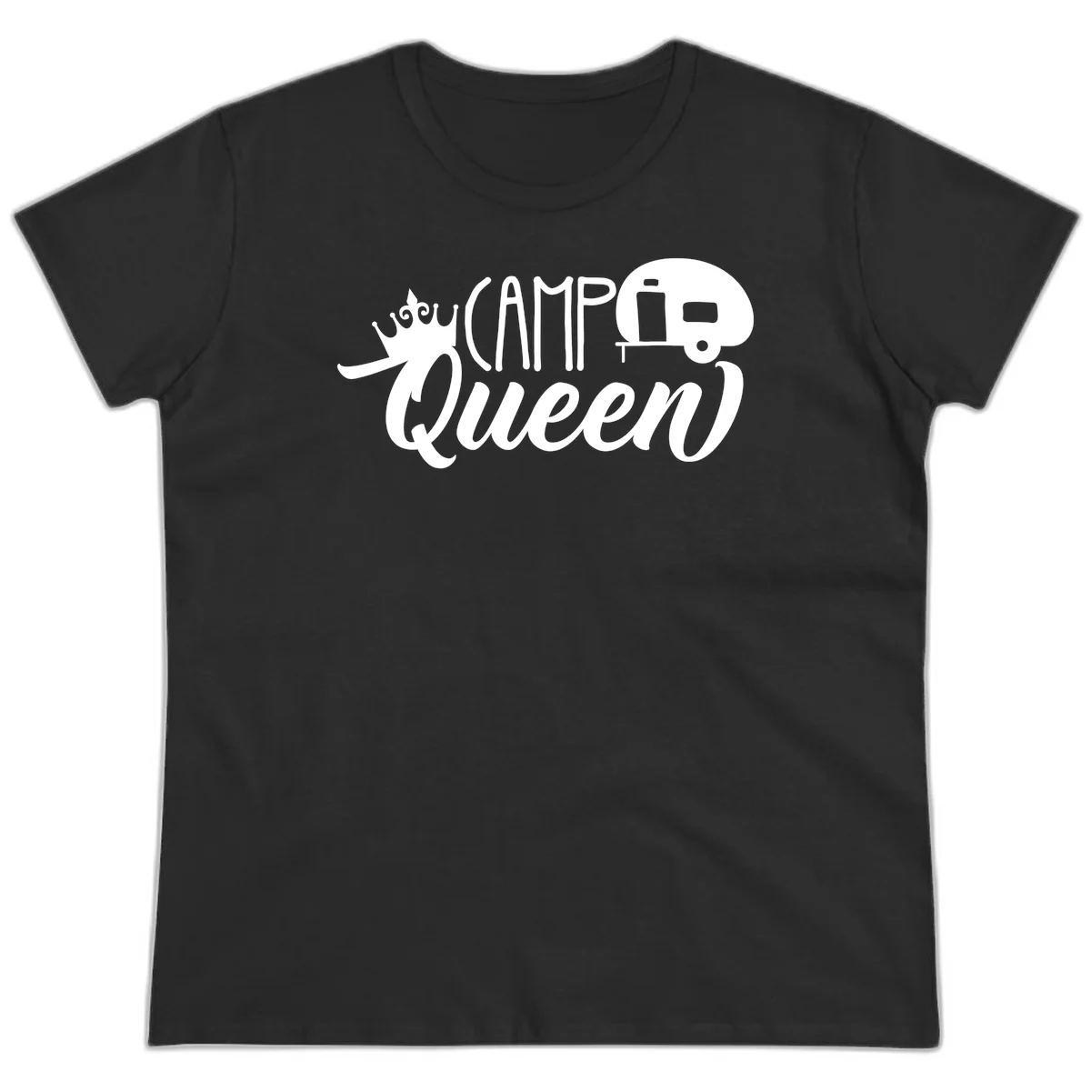 Camp queen glamping design with crown, vintage RV trailer, and script lettering on gray background in Black