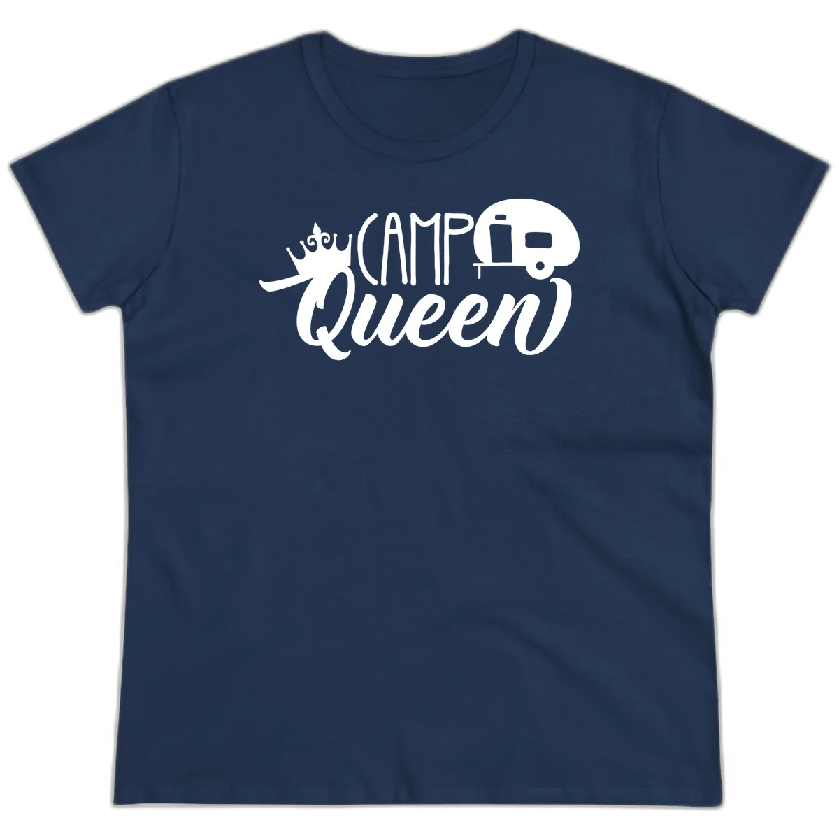 Camp queen glamping design with crown, vintage RV trailer, and script lettering on gray background in Navy