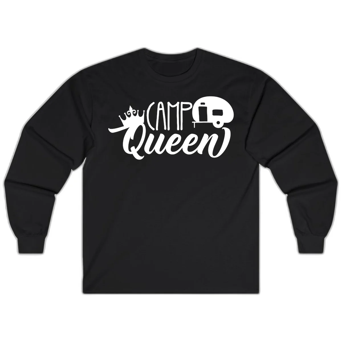 Camp queen glamping design with crown, vintage RV trailer, and script lettering on gray background in Black