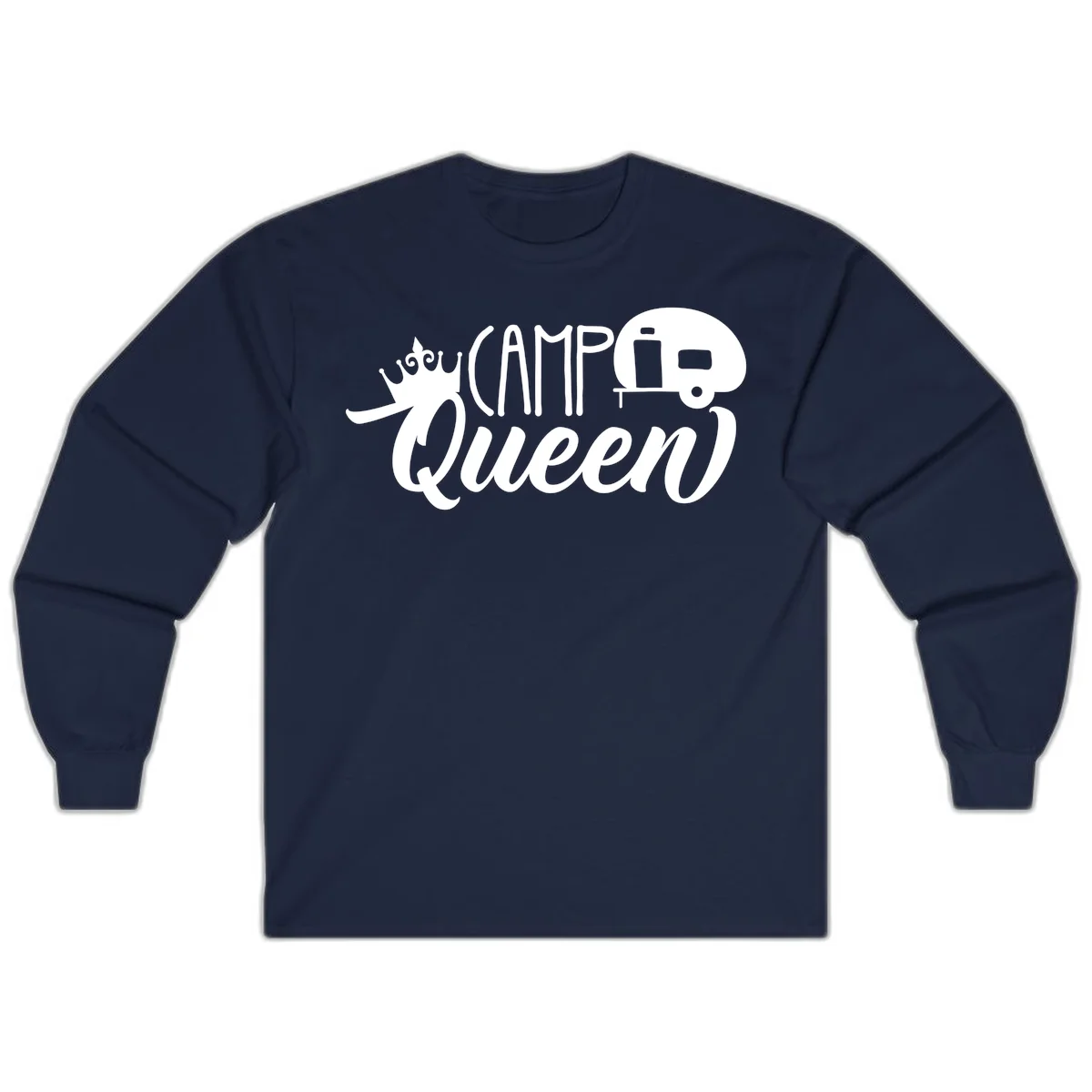 Camp queen glamping design with crown, vintage RV trailer, and script lettering on gray background in Navy