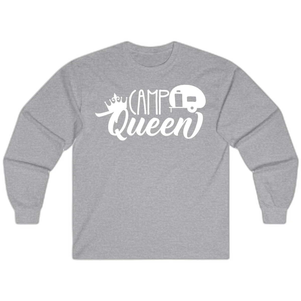 Camp queen glamping design with crown, vintage RV trailer, and script lettering on gray background in Sport Grey