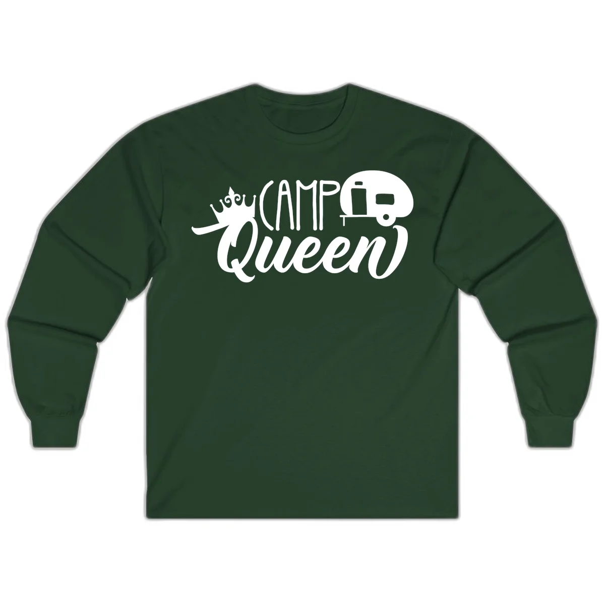 Camp queen glamping design with crown, vintage RV trailer, and script lettering on gray background in Forest Green