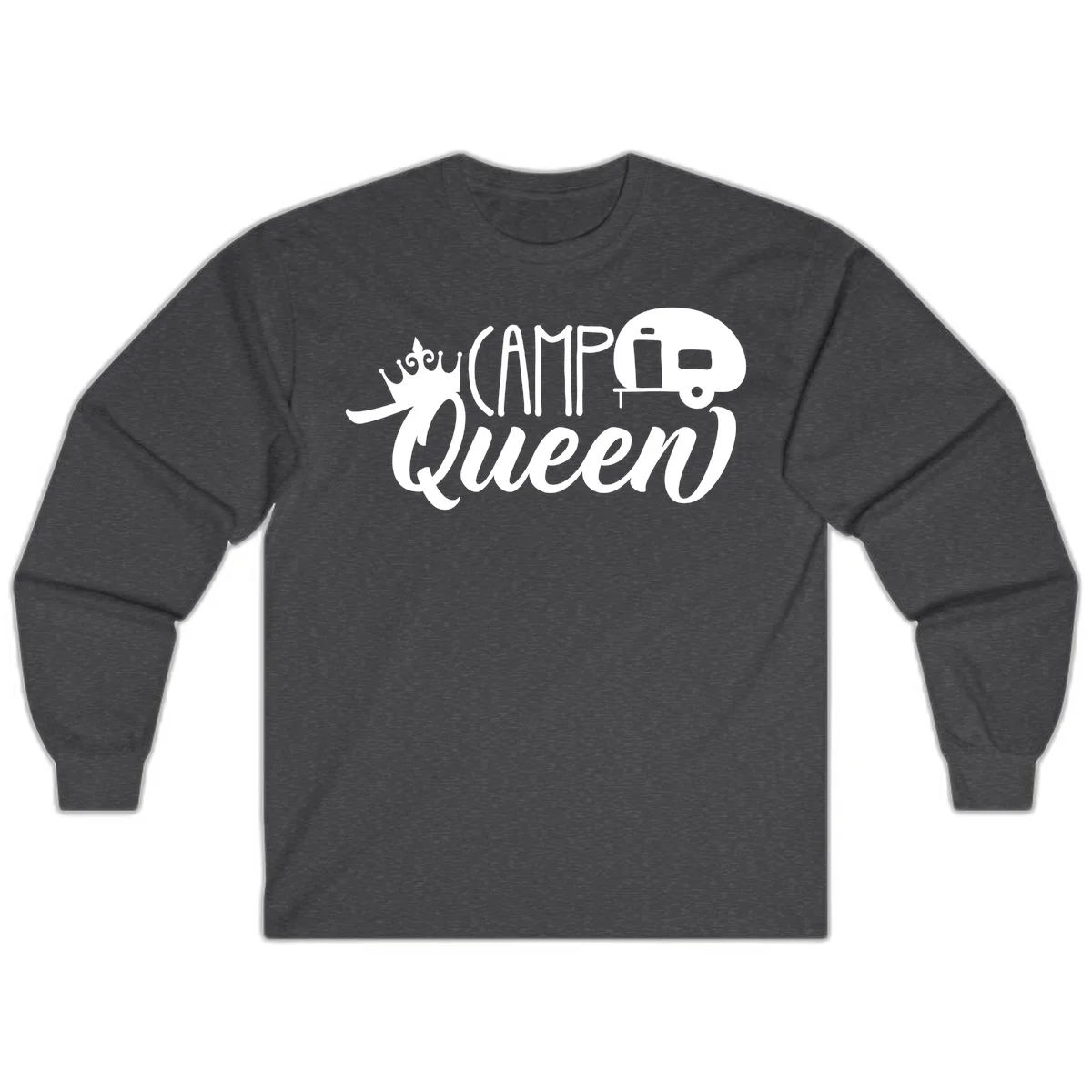 Camp queen glamping design with crown, vintage RV trailer, and script lettering on gray background in Dark Heather
