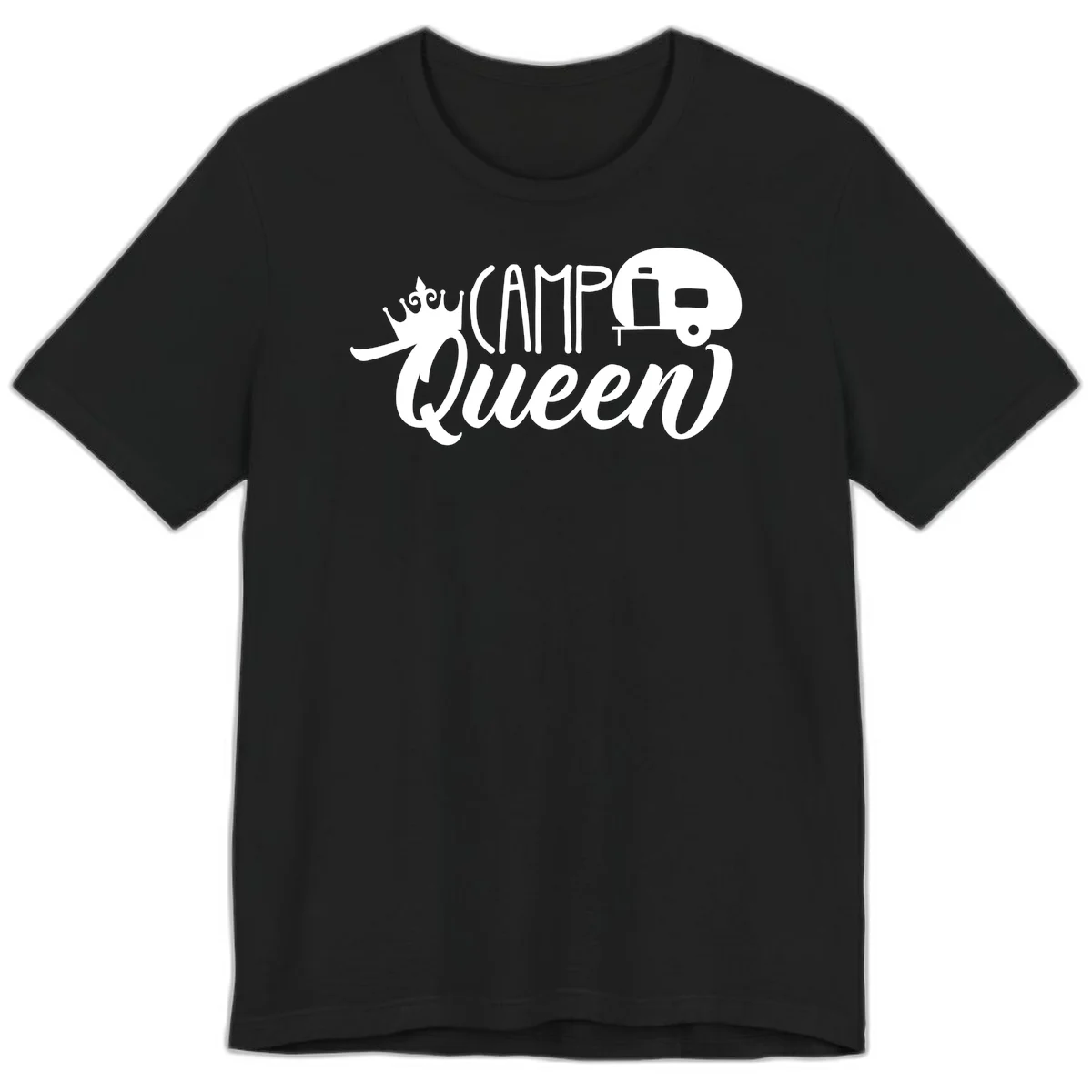 Camp queen glamping design with crown, vintage RV trailer, and script lettering on gray background in Black