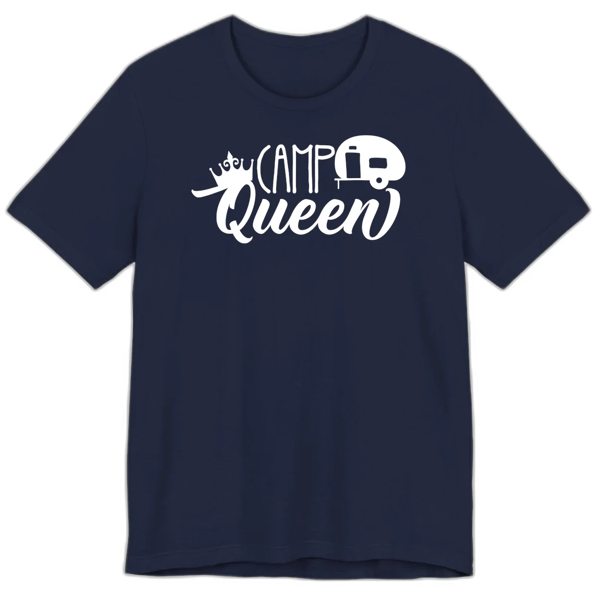 Camp queen glamping design with crown, vintage RV trailer, and script lettering on gray background in Navy